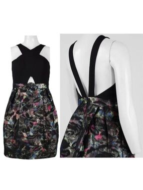 Aidan Mattox Mini Dress Cross Neck Cutout Jacquard Size 10 Black Multi